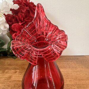 Fenton Cranberry Art Glass Vase Jack in the Pulpit Swirl White Ribbon Ruffle‎